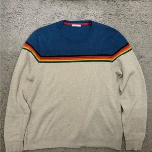 Marine Layer Blue and Gray Crewneck Sweater with Rainbow Stripe Medium